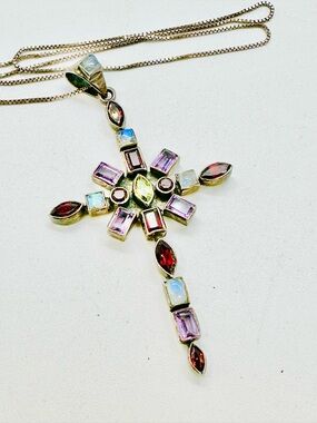 Nicky Butler Sterling Silver Multi Stone Cross Pendant Necklace 925 Multicolor